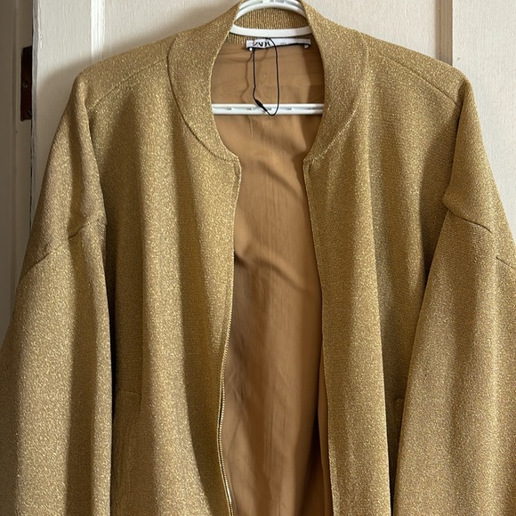 Zara Knit Bomber Cardigan with Gold Metallic Thread. Size Large. - Picture 4 of 5